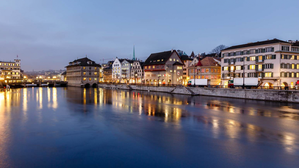 Illuminated Cityhall and Limmat River Bank in the Evening, Zuric